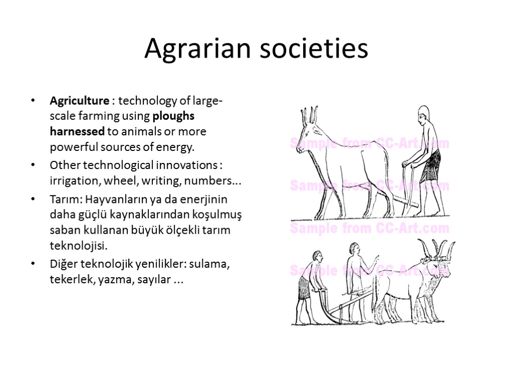 Agrarian societies Agriculture : technology of large-scale farming using ploughs harnessed to animals or